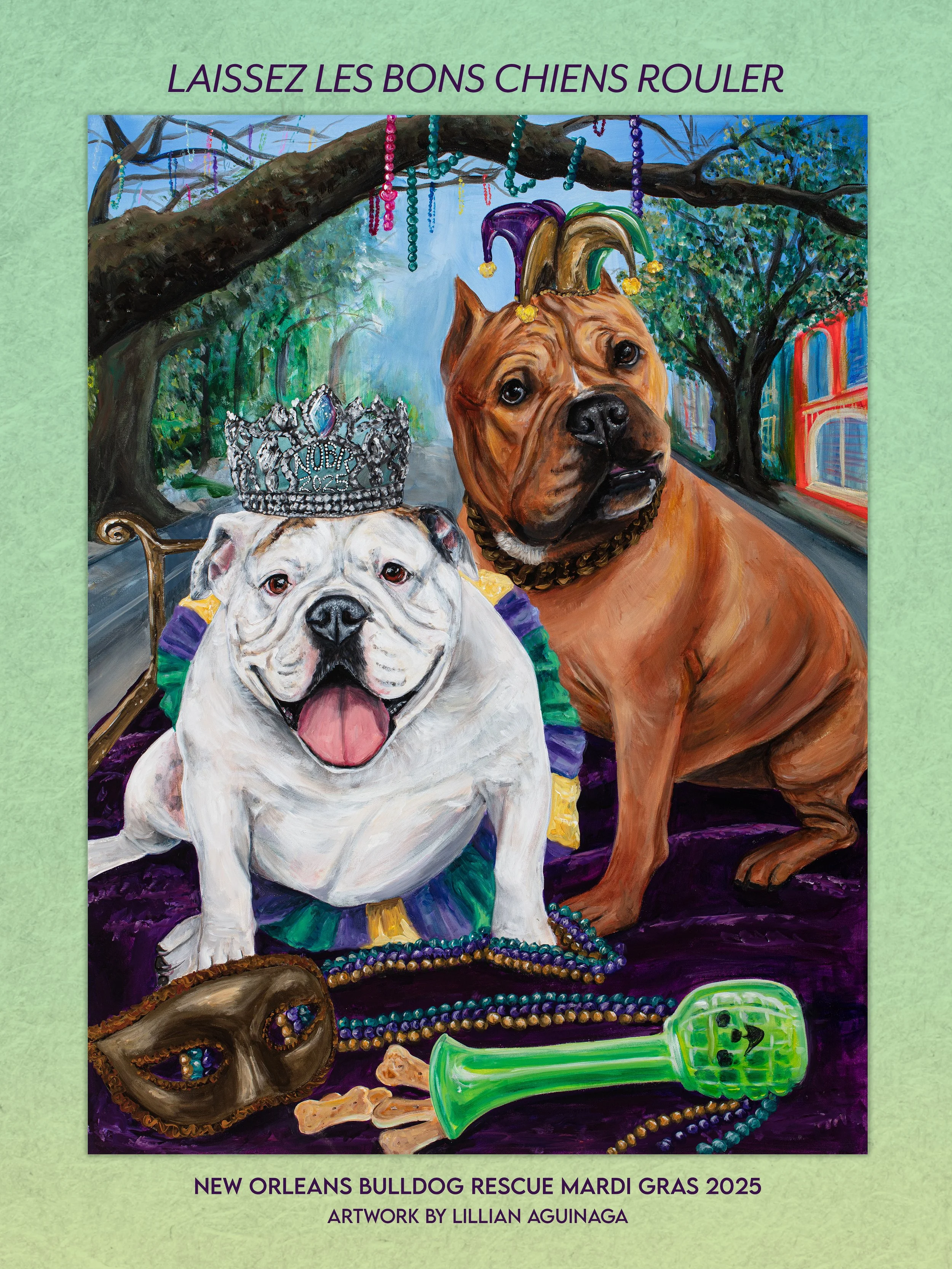 New Orleans Bulldog Rescue Mardi Gras 2025 Poster by Lillian Aguinaga